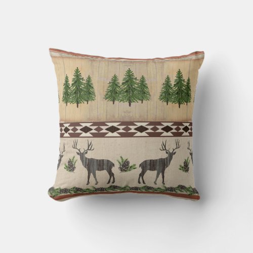 Rustic Wood Cabin Deer Pine Trees Tribal Pattern Throw Pillow