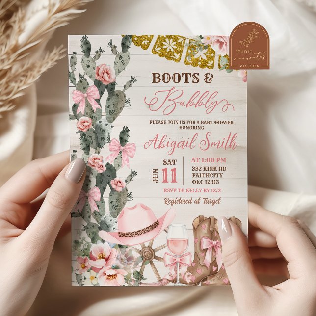 Rustic Wood Cactus Boots and Bubbly Bridal Shower Invitation (Creator Uploaded)