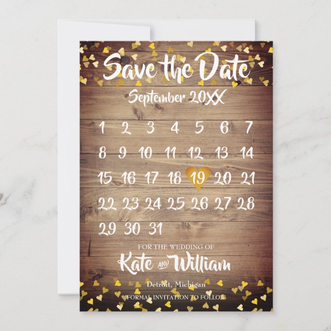Rustic Wood Calendar Gold Love Heart Save The Date (Front)
