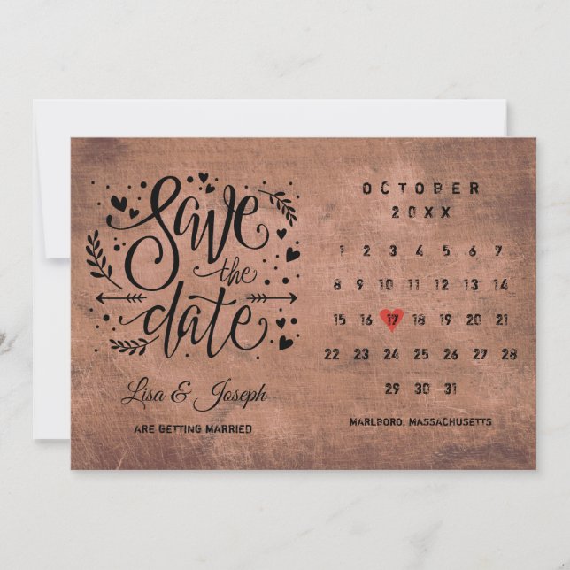 Rustic Wood Calendar Red Love Heart Save The Date (Front)