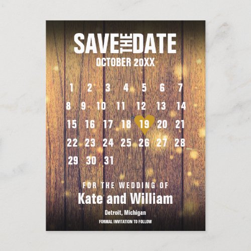 Rustic Wood Calendar Save the Date Gold Love Heart Announcement Postcard