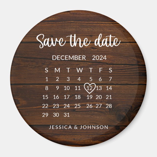 Rustic Wood Calendar Wedding Save the Date Magnet (Front)