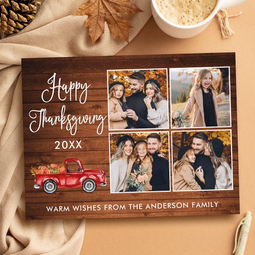 Rustic Wood Calligraphy 4 Photo Thanksgiving Truck Postcard