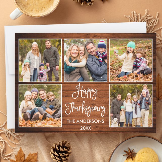 Rustic Wood Calligraphy 5 Photo Thanksgiving Holiday Card (Customize to add more text or photos to back of card.)