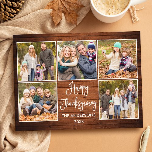 Rustic Wood Calligraphy 5 Photo Thanksgiving Postcard
