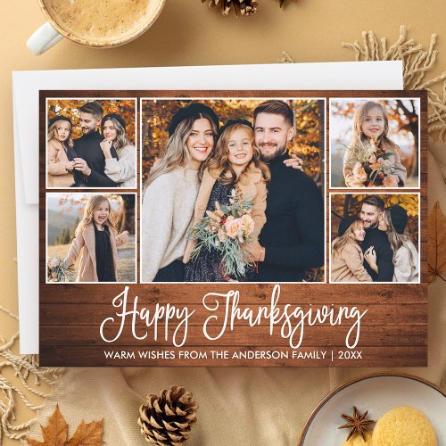 Rustic Wood Calligraphy 5 Photos Thanksgiving Holiday Card