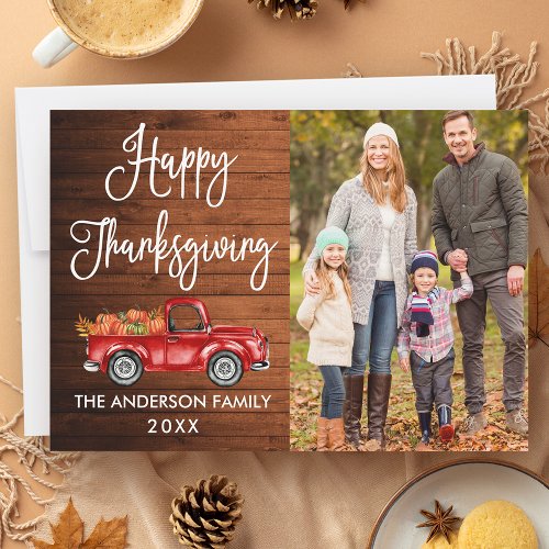 Rustic Wood Calligraphy Photo Thanksgiving Truck Holiday Card