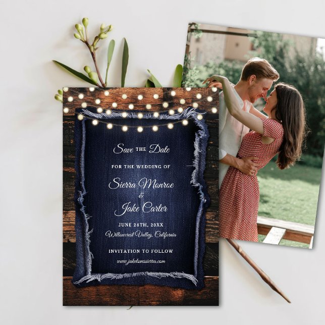 Rustic Wood Calligraphy Photo Wedding Save Date Invitation (rustic wedding save the date barn wood denim string lights ranch country western calligraphy)