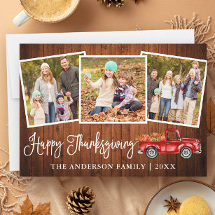 Rustic Wood Calligraphy Thanksgiving Truck 3 Photo Holiday Card
