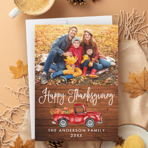 Rustic Wood Calligraphy Thanksgiving Truck Photo Holiday Card