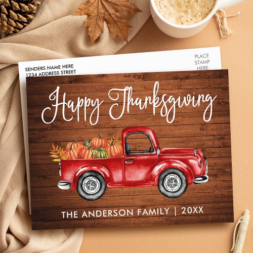 Rustic Wood Calligraphy Vintage Truck Thanksgiving Postcard