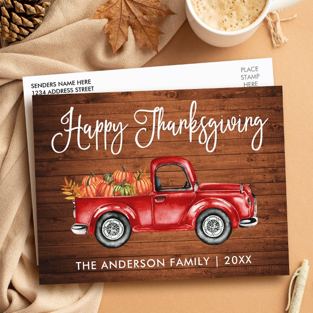 Rustic Wood Calligraphy Vintage Truck Thanksgiving Postcard (Customize to change your personalized text size or text style.)