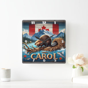 Rustic Wood, Canadian Beaver, Ocean Square Wall Clock