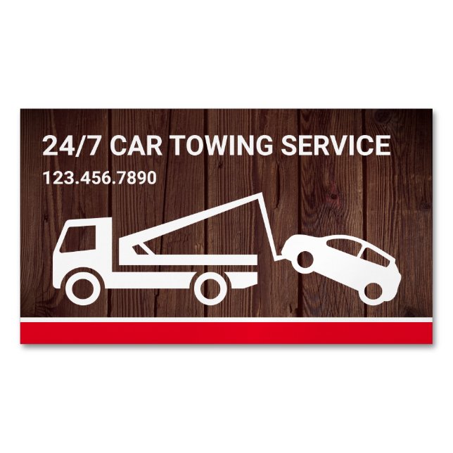 Rustic Wood Car Towing Service Tow Truck Business Card Magnet (Front)