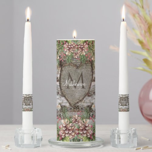 Rustic Wood Carved Heart  Family Mono Unity Candle Set