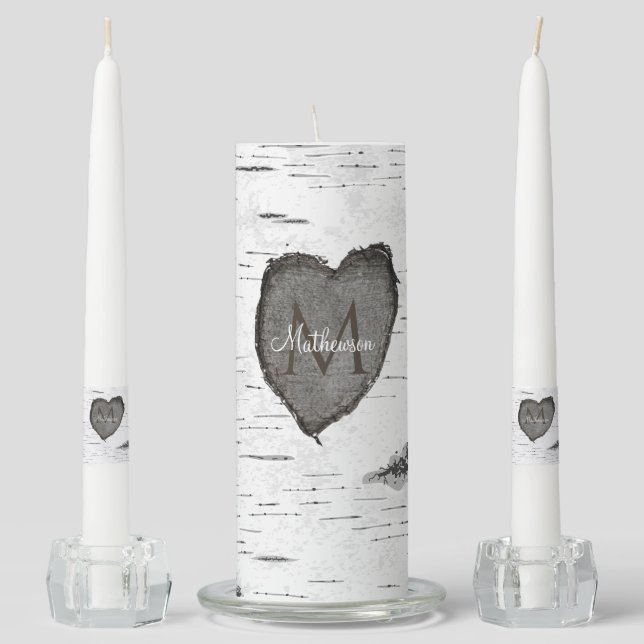 Rustic Wood Carved heart  Family Monogram candles (Front)