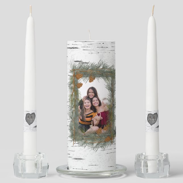 Rustic Wood Carved heart  Family Photo Unity Candle Set (Front)