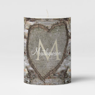 Rustic Wood Carved heart in Bark Family Monogram Pillar Candle