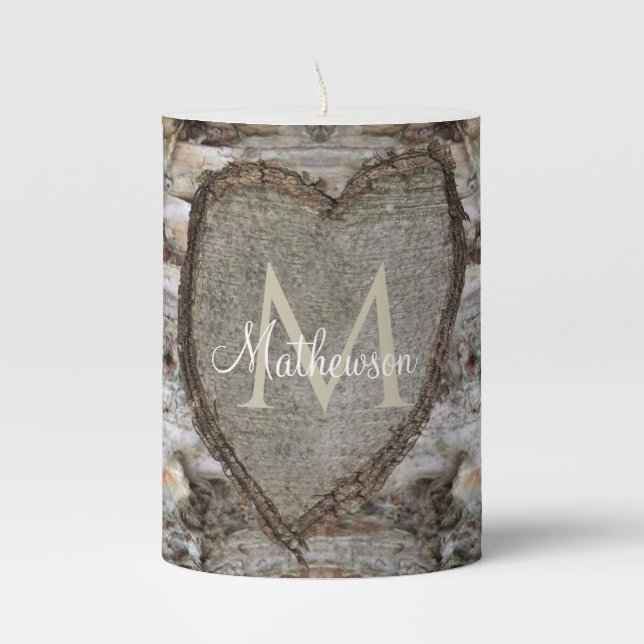 Rustic Wood Carved heart in Bark  Family Monogram  Pillar Candle (Front)