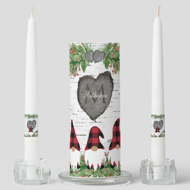 Rustic Wood Carved Heart Winter Gnome Unity Candle (Front)