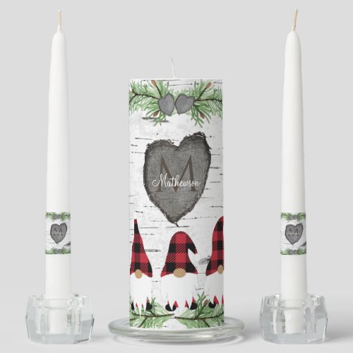 Rustic Wood Carved Heart Winter Gnome Unity Candle Set