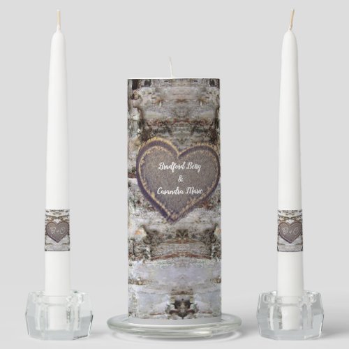 Rustic wood carved names bride groom country  unity candle set