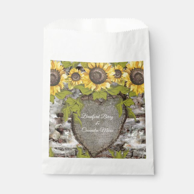 Rustic wood carved names bride groom Sunflower  Favor Bag (Front)