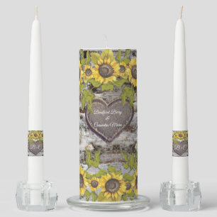 Rustic wood carved names bride groom Sunflower Unity Candle Set