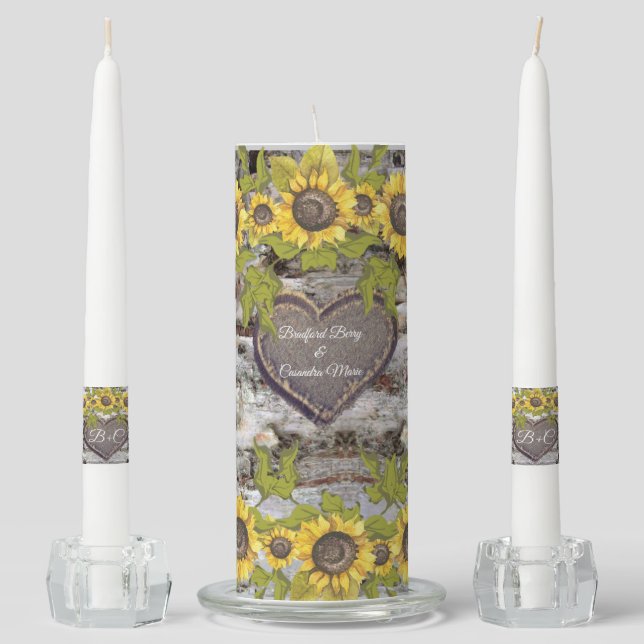 Rustic wood carved names bride groom Sunflower Unity Candle Set (Front)