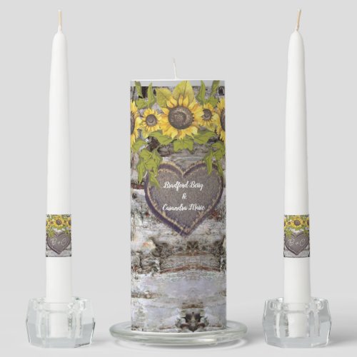 Rustic wood carved names bride groom Sunflower Unity Candle Set