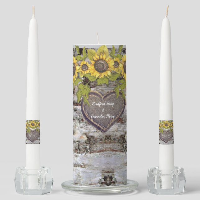 Rustic wood carved names bride groom Sunflower Unity Candle Set (Front)