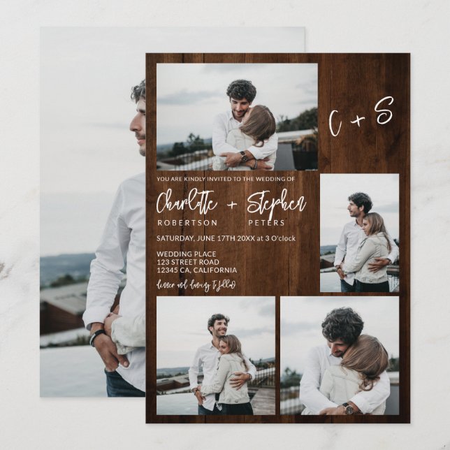 Rustic wood casual initials 5 photos wedding invitation (Front/Back)