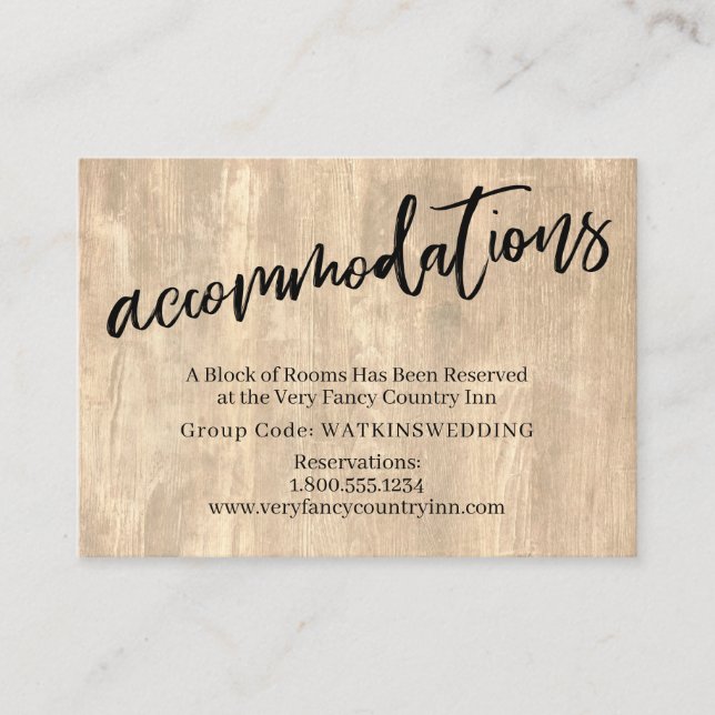 Rustic Wood & Casual Script Wedding Accommodations Enclosure Card (Front)