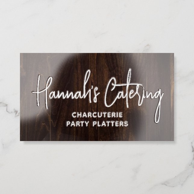 Rustic Wood Catering Script Raised Spot UV Business Card (Front)