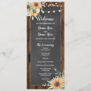 Rustic Wood Chalk Sunflowers Wedding Program