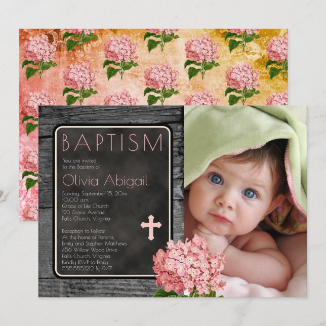 Rustic Wood | Chalkboard Floral Photo Baptism Invitation (Front/Back)