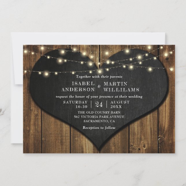 Rustic Wood Chalkboard Heart String Lights Wedding Invitation (Front)