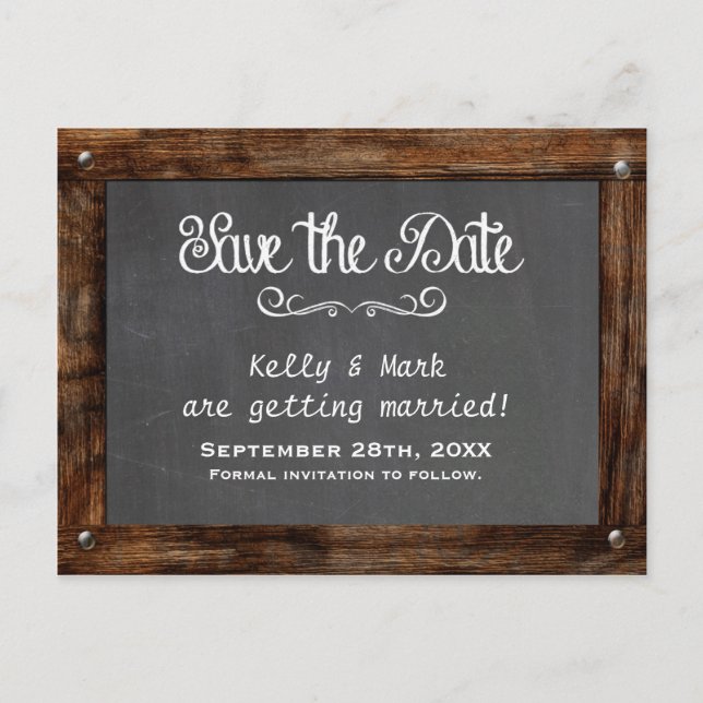 Rustic Wood CHALKBOARD Save The Date Postcard (Front)
