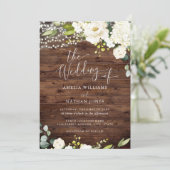 Rustic Wood Champagne Floral Lights Wedding Invitation (Standing Front)