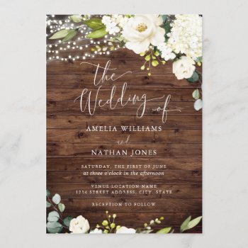 Rustic Wood Champagne Floral Lights Wedding Invitation by LittleBayleigh at Zazzle