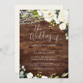 Rustic Wood Champagne Floral Lights Wedding Invitation (Front/Back)