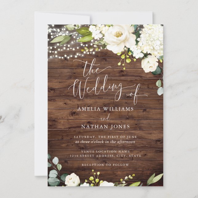 Rustic Wood Champagne Floral Lights Wedding Invitation (Front)