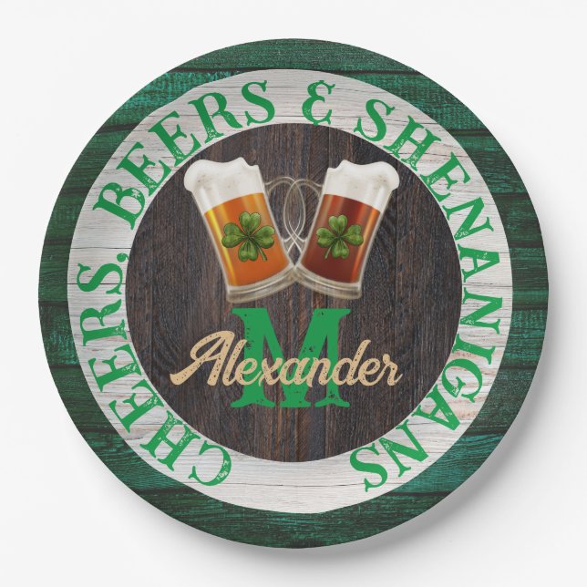  Rustic Wood Cheers Beers Shenanigans  Paper Plates (Front)
