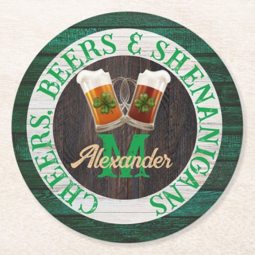  Rustic Wood Cheers Beers Shenanigans Round Paper Coaster