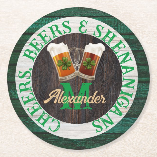  Rustic Wood Cheers Beers Shenanigans Round Paper Coaster (Front)