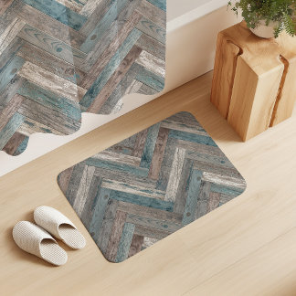 Rustic Wood Chevron Aqua Blue Beige Grey Bath Mat