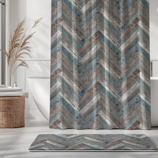 Rustic Wood Chevron Aqua Blue Beige Grey Shower Curtain