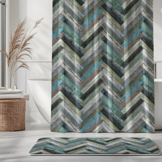 Rustic Wood Chevron Green Grey Blue Shower Curtain