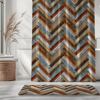 Rustic Wood Chevron Yellow Rust Blue Shower Curtain