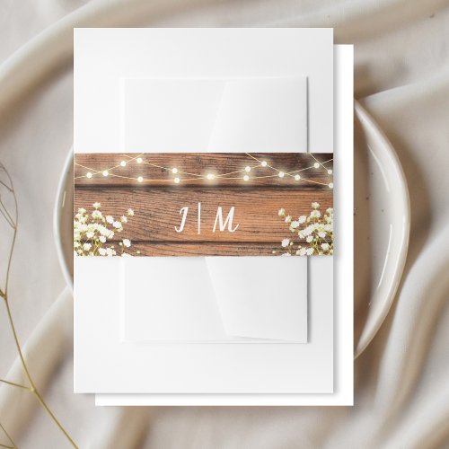 Rustic Wood Chic Babys Breath  String Lights Invitation Belly Band